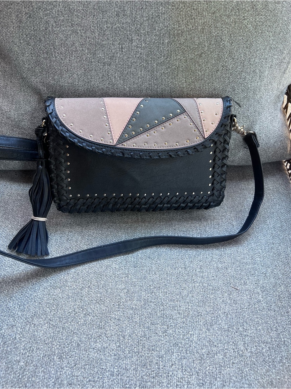 Under One Sky Crossbody Purse Black Faux Leather Boho Patchwork Studded Clutch